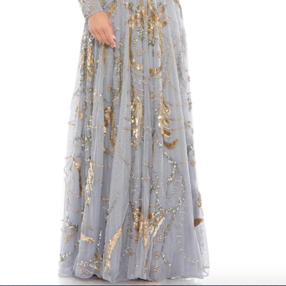 MAC DUGGAL 5217 LONG SLEEVE EMBELLISHED ILLUSIONS NECK PLATINUM/GOLD GOWN sz 18 - Picture 2 of 6